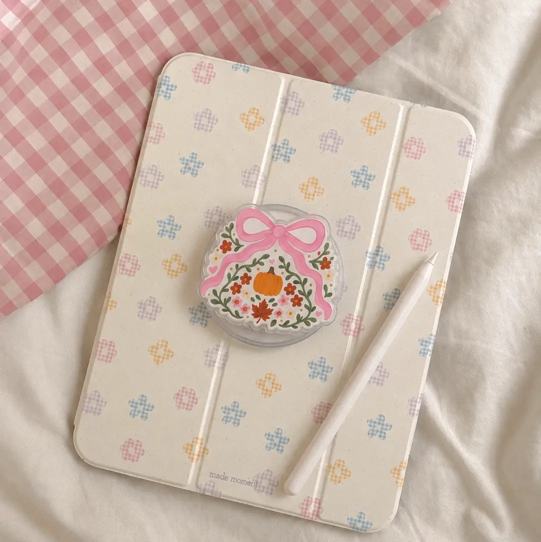 Fall Pumpkin Phone Grip, Kindle Grip, Pink Bow Floral Phone Holder, Autumn Pumpkin & Maple Leaf Acrylic Phone Stand, Cute Harvest Season Gift for Her
