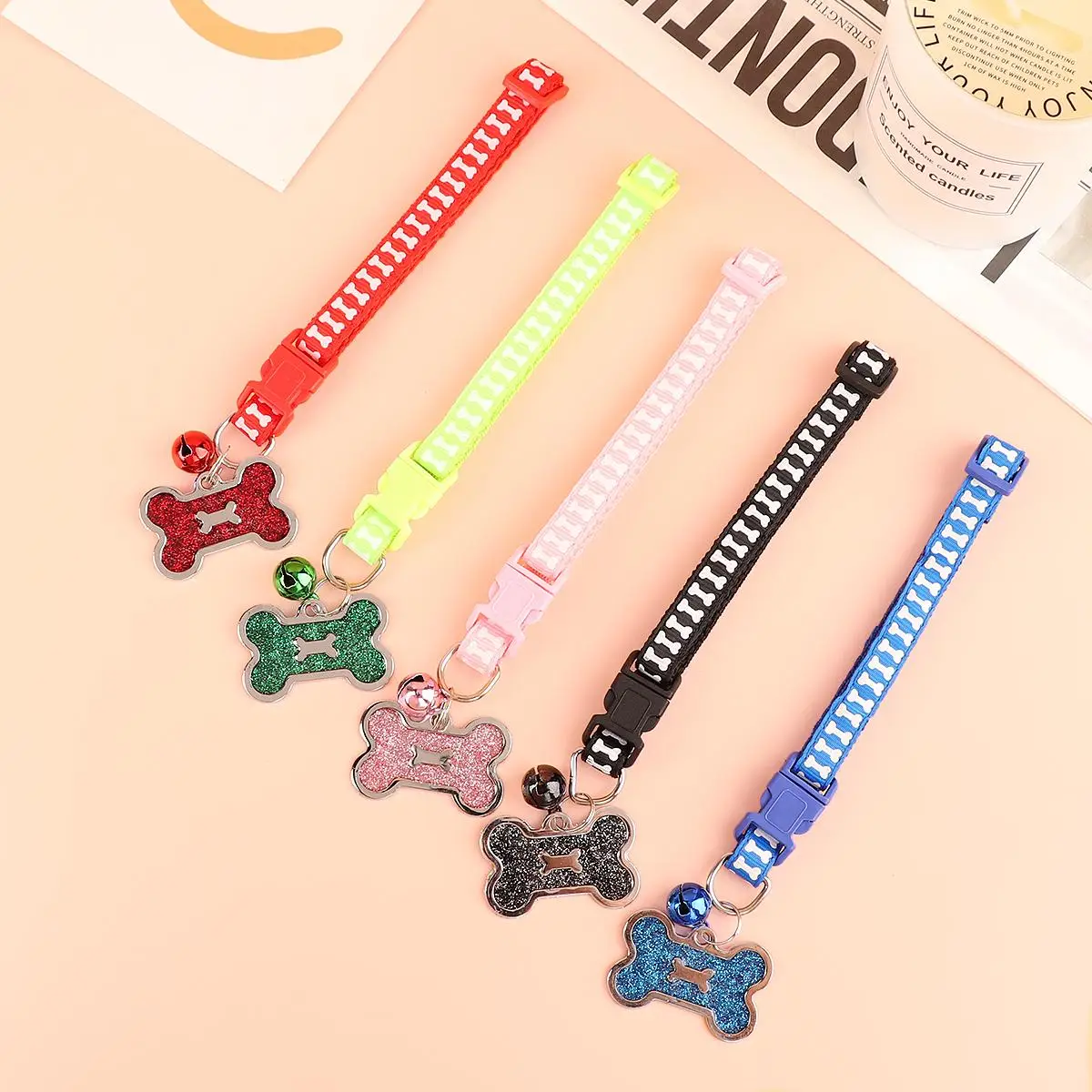 Adjustable Pet Collar with Bell, Cute Bone Design Pet Collar with Safety Buckle, Pet Accessories for Small Medium Large Dogs & Cats