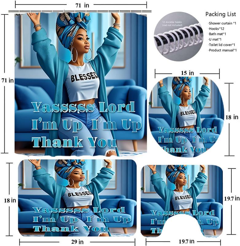 4PC Beautiful Girl Summer Unique Elegant Polyester Cloth With 12 Hooks Shower Curtain For Bathrooms Waterproof Quick Drying Machine Washable Home Bathroom Decor Shower Curtain Sets for Bathroom