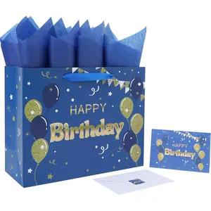 13" Large Blue Happy Birthday  Bag Set with Handles, Greeting Card, Tissue Papers and Stickers for Men Boys, Balloons Design, 1 count