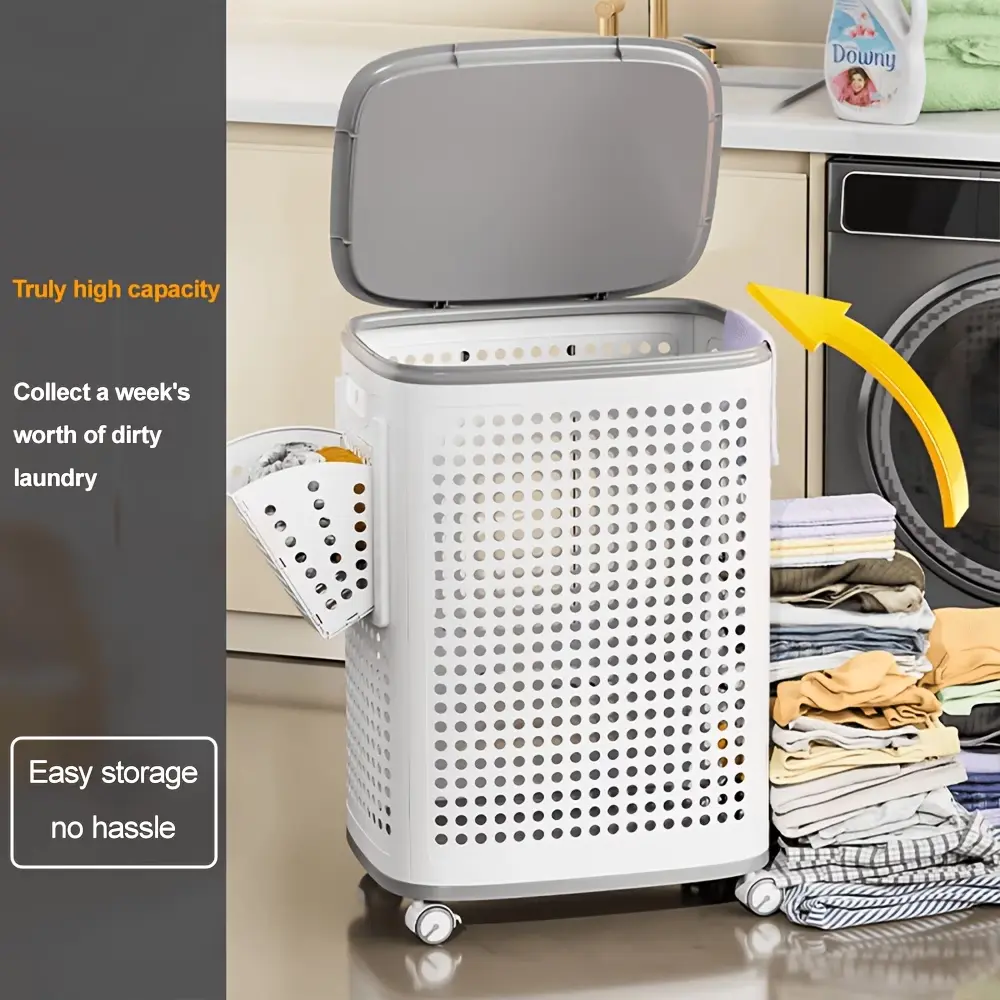 Large PP Material Laundry Basket-Covered Laundry Basket, Foldable Ventilated Plastic Storage Box with Lockable Casters, Suitable for Storage And Laundry in Dormitories, Bedrooms, Bathrooms, Laundry Baskets