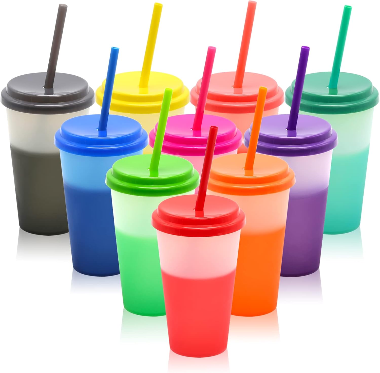 Color Changing Cups 10Pcs 12oz Plastic Tumblers With Lids and Straws for Iced Coffee Smoothie - Reusable Leak Proof Party Cups for Kids