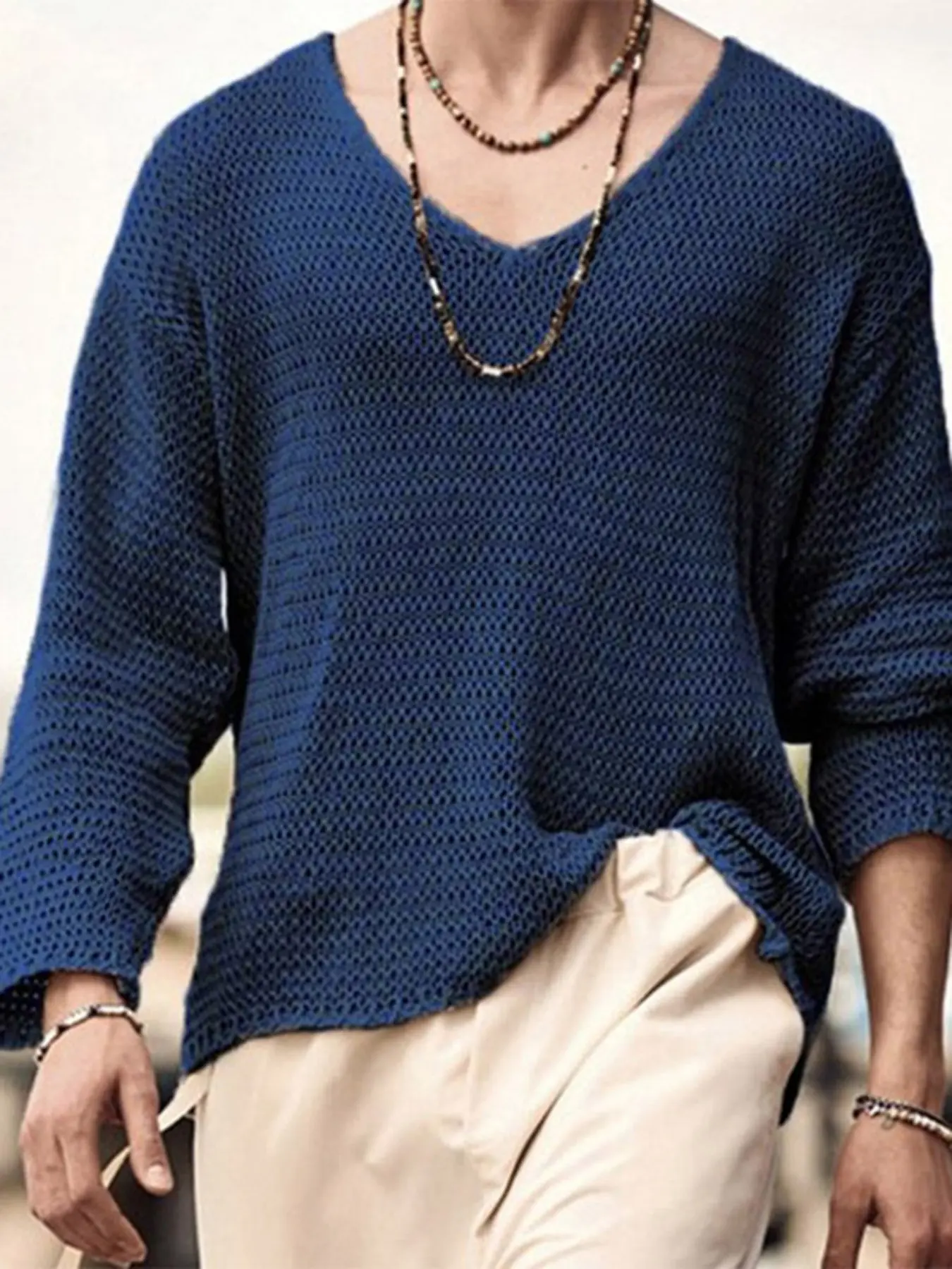 INCERUN Men T Shirt Solid Color Knitted V Neck Long Sleeve Casual Men Clothing Tops Streetwear Hollow Out Loose Camisetas