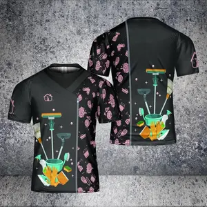 Women's Polyester Fabric Custom Housekeeping Shirts - Personalized Print Cleaning Uniforms, 3D Design, Dress-Inspired, Oversized Fit, Unisex Short-Sleeve, Pocket-Equipped, S-5XL