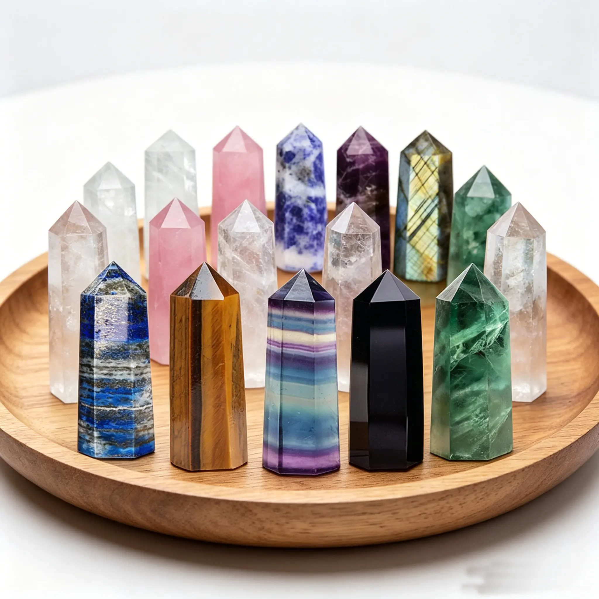 10Pcs Natural Crystal Tower Set 1.6"-2.8" Mixed Amethyst White Quartz Rose Quartz Obsidian Fluorite Tiger Eye Single Point 6-Facet Polished Wand Obelisk Home Office Desk Shelf Decor Display Figurine Birthday Housewarming Gift Collectors Stone Set