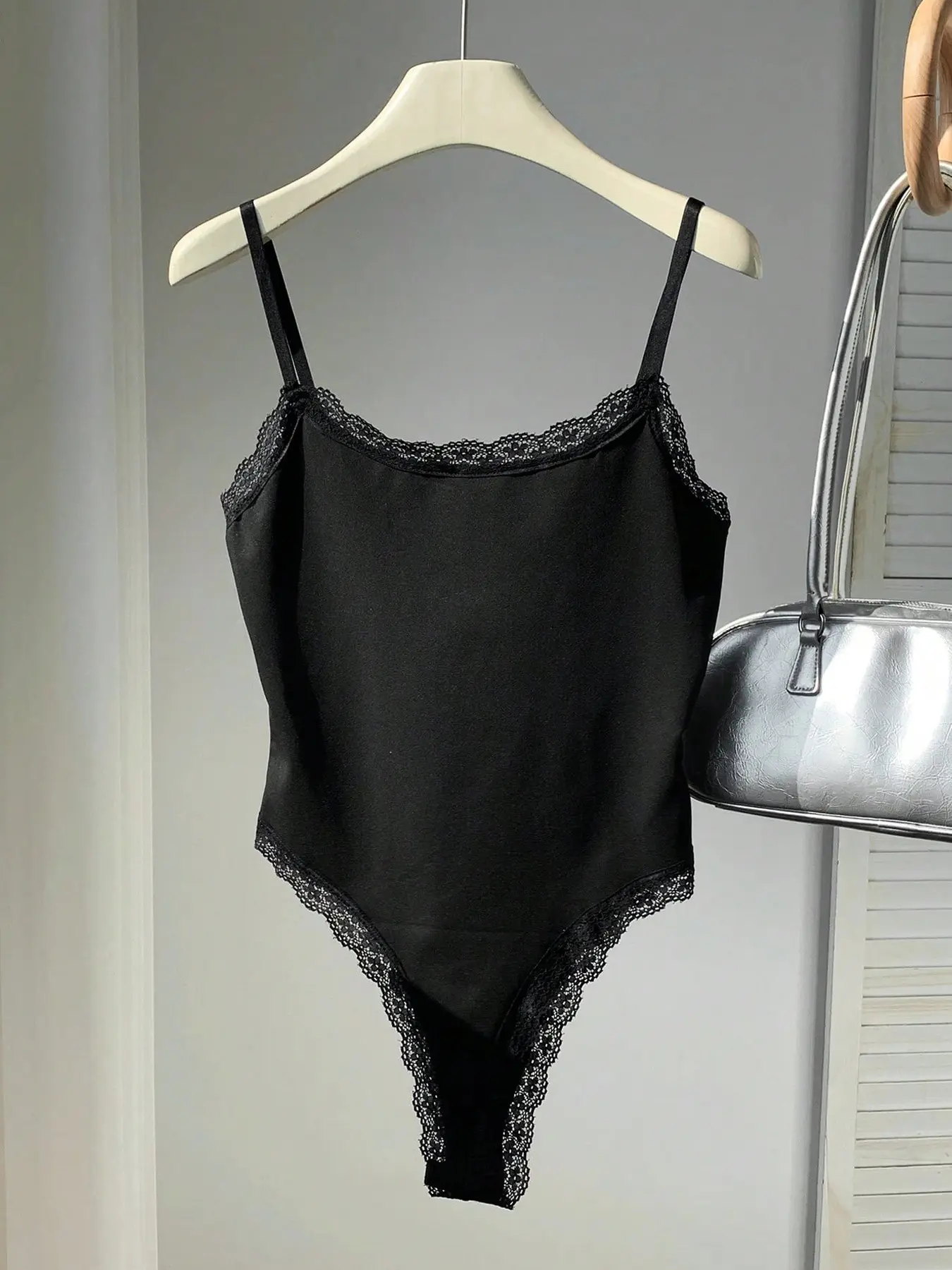 Women's Lace Trim Halter One-Piece, Sleeveless Square Neck Lightweight Breathable Sheer Mesh G-String, Elegant and Chic Design