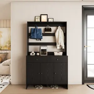 Hall Tree Entryway Table with Coat Rack, Shoe Cabinet 3 Door 2 Drawer with Adjustable shelves, for Hallway, Entryway, Bedroom