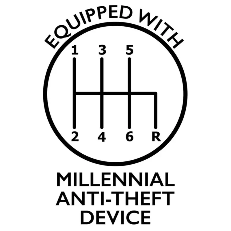 Discipline Decals Equipped With Millennial Anti-Theft Device Decal - Manual Shift Sticker for Cars Laptops & More - Fade & Weather Resistant Vinyl Finish