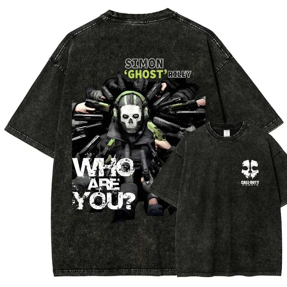 Call of Duty Ghosts Inspired Washed Black T Shirt, Simon Ghost Riley Skull Soldier Graphic Tee with Tactical Weapon Back Print, Vintage Military Streetwear Cotton Shirt for Men, FPS Gamers, Gaming Fans, Outdoor and Casual Everyday Wear