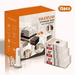 Cordless Travel Vacuum Storage Compression Bag Set - 15-Pack 3 Sizes, USB Rechargeable Handheld Pump with Built-In Battery, Waterproof Reusable Organiser Dustproof Space Saver for Clothes, Carry-On Suitcases