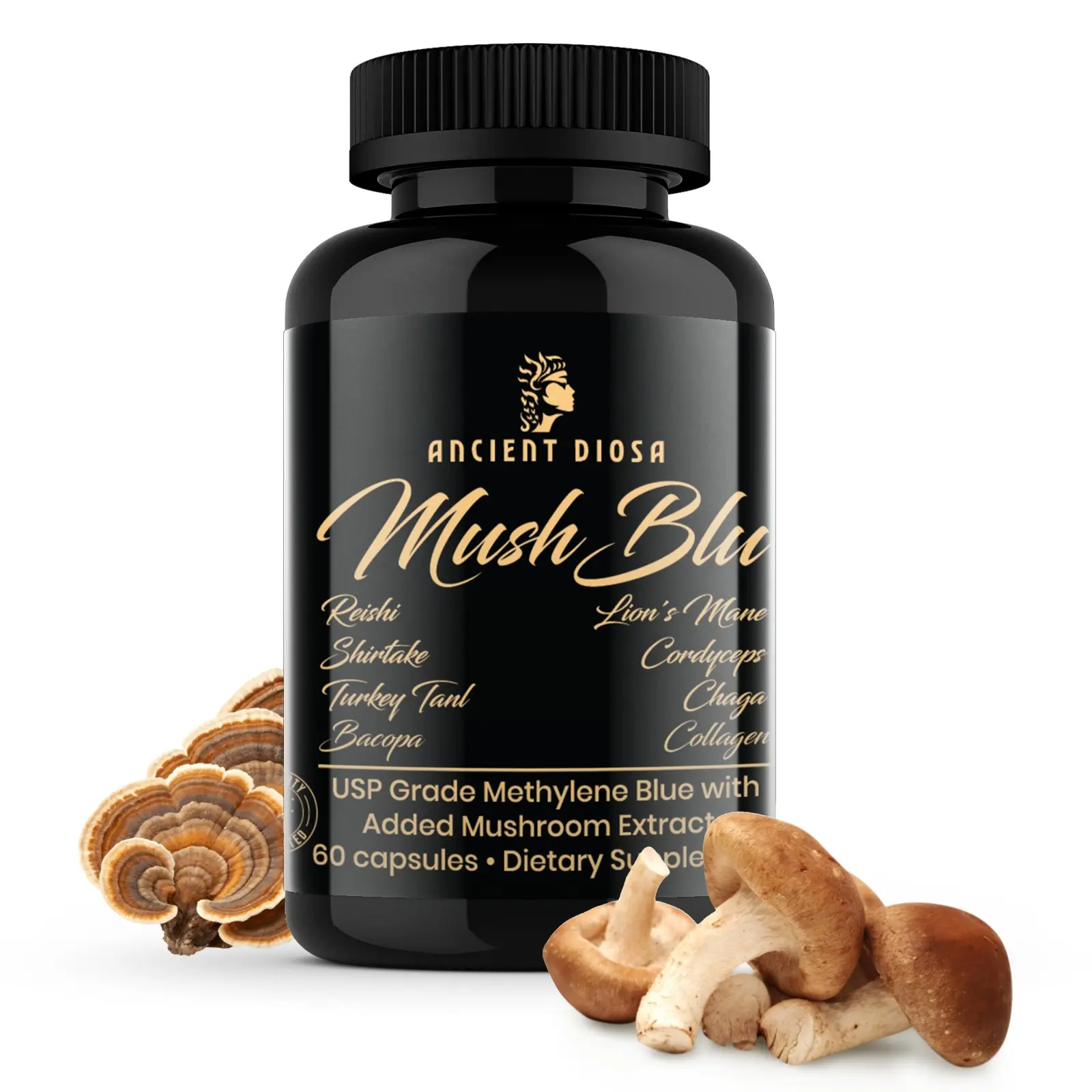 ANCIENT CROWN Mush Blu: Mushroom & Methylene Blue Capsules for Enhanced Wellness - 60 Count USP Grade with Reishi Shiitake Turkey Tail Bacopa Lion's Mane Cordyceps Chaga Collagen