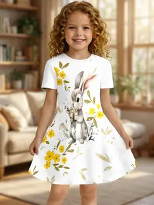 Girls Summer Fresh Rabbit Print Dress, Kids Pastoral Yellow Flower Crew Neck Short Sleeve A-Line Dress