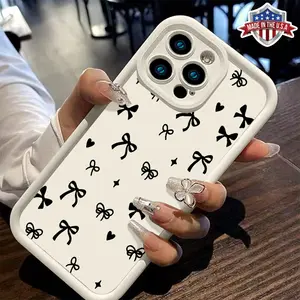 Cute Minimalist Black Bow Heart Pattern Aesthetic Case for iPhone 17 16 15 14 Pro Max 13 12 11 XR XS Plus Air Slim Shockproof Anti Drop TPU Cover