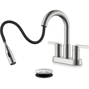 Brushed Nickel Pull Down Bathroom Faucet, 4 Inch 2 Handle Centerset Bathroom Faucet 3 Hole with Pull Out Sprayer, Bathroom Sink Faucet with Pop Up Drain &  Lines LJ-9069