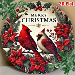 2D Flat, 1pc Round Merry Christmas Aluminum Sign, 8x8 Inch, Cardinal Birds & Festive Floral Design, Rustic Country Style Decorative Plaque, for Indoor & Outdoor, Ideal for Grieving & Holiday Consolation Gift, 2D Flat