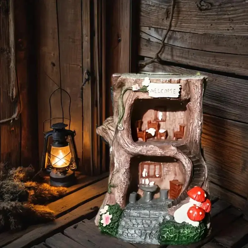 Elf Fairy Tale Tree House, Gnome Stump Resin Sculpture, Yard Lawn Decoration & Gifts Miniature Building Tree House Solar Energy