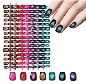 Laza 210pcs Cat Eye Press on Nails for Women 7 Colors Glossy Glitter Black Hole Short Square Reusable Nail Tips in 15 Sizes Long Lasting Salon Fake Nails Stick - Galaxy Chameleon