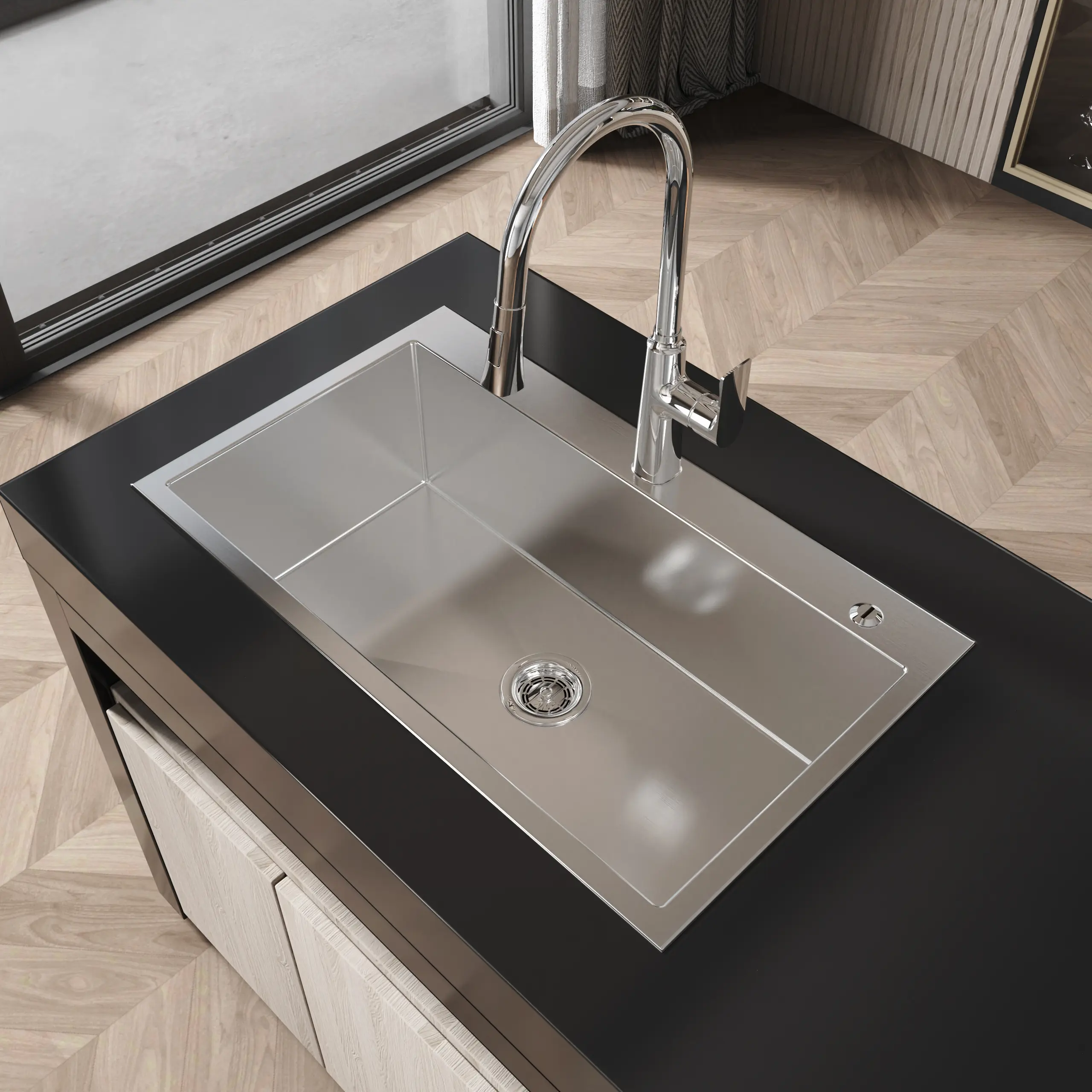 Rustic Stainless Steel Brushed Rectangle Kitchen Sink, 32"x19" Overmount Single Bowl Handmade Sink with US Standard Drain, Hooks, Corrosion Resistance, Easy-to-Clean & Standard Spout Faucet Compatibility, LS-SSBR02