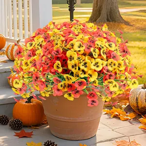 Artificial Mums for Outdoor Fall Flowers, 24 Pcs Faux Flower Pansy Fake Plants, Decorative Faux Flowers, & Halloween Thanksgiving Decorations