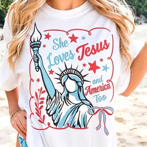 She Loves Jesus and America Too Cotton T-Shirt for July Fourth Celebration Faith Christian Tee Versatile and Ready to Wear