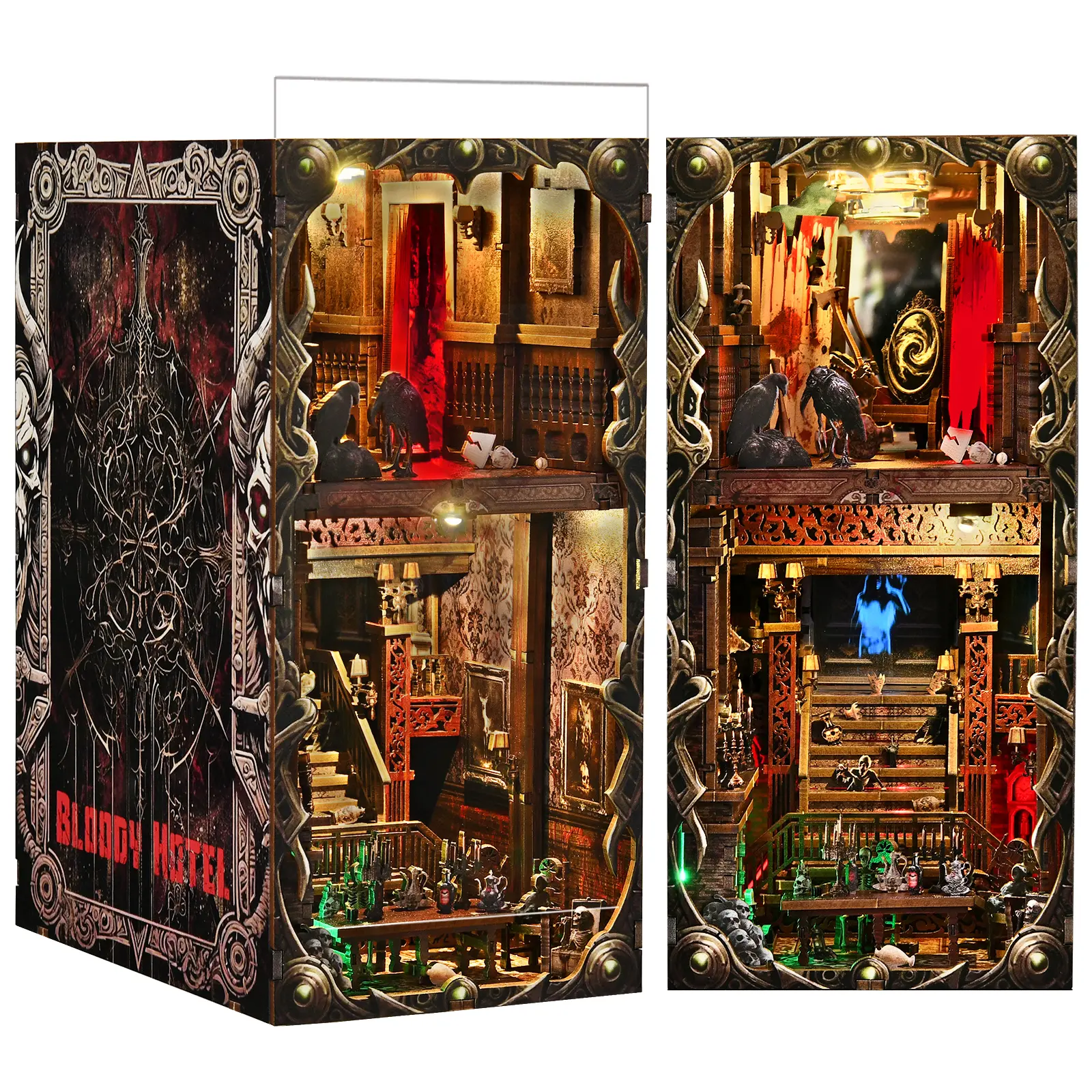 3D Wood DIY Book Nook Kit, 300+ Pieces Haunted Mansion Bloody Hotel Gothic Horror Decor with Interactive LED Lighting & Built-in HD Display Screen (23×18×11cm) – Halloween/Christmas Decoration, Gifting for Creative Home Decor Enthusiasts