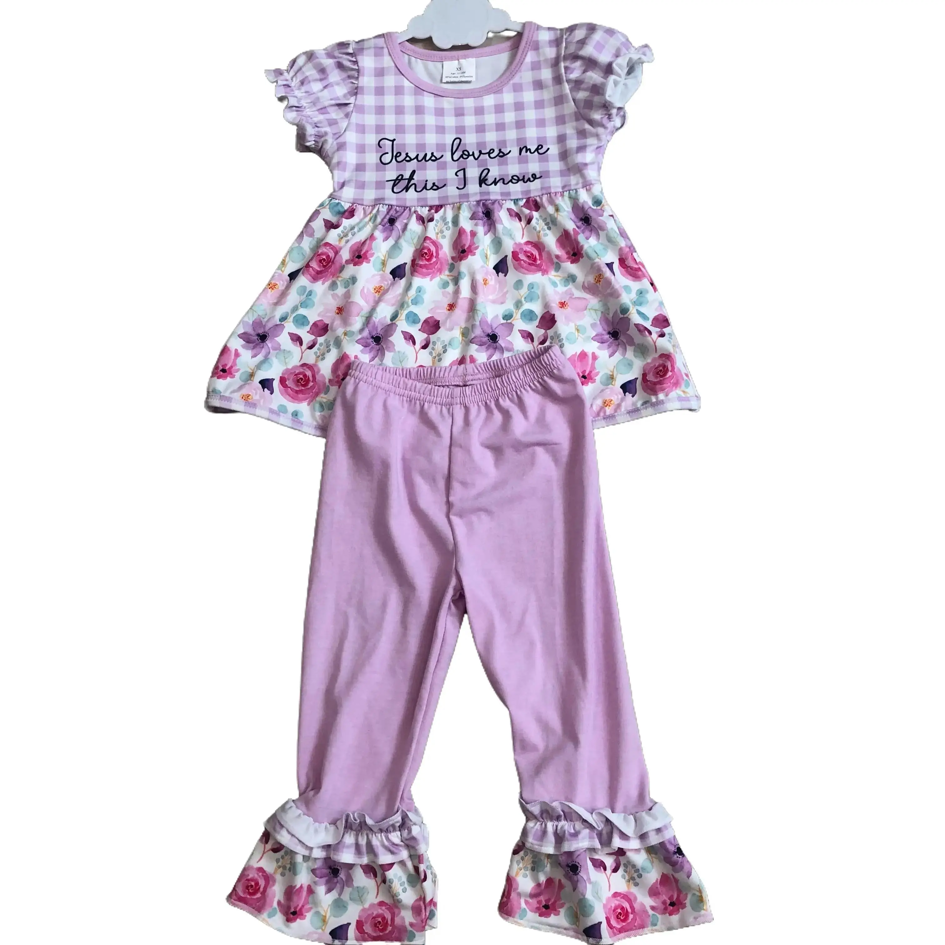 Girls' Purple Floral 2-Piece Fashion Clothes Set, Toddler Baby Clothes Girl Easter Outfit with Jesus Theme for Spring, GSPO2129, Floral Print Set