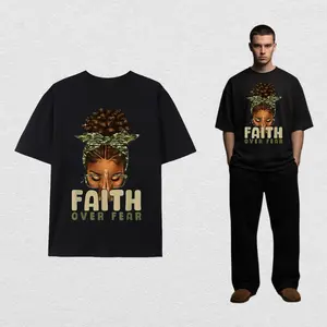 Faith Over Fear Christian Camo African American Afro Women T-Shirt Black Same Style for Men and Women 2026 Summer Short-sleeve Printed T-shirt