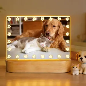 Paw Prints Picture Frame, Photo Frame Gift for Dog & Cat Owner, 4x6 Photo Frame With LED Night Light, Sympathy Gifts for Pet Owner, Horizontal Tabletop Frame Decoration Idea