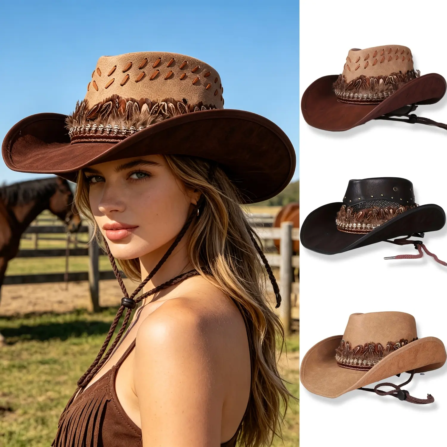 Women's Vintage Curved Brim Wide-Brim Cowboy Hat - Casual, Stylish, Trendy Hat with Feather Accent, Adjustable Fit, Windproof Chin Strap