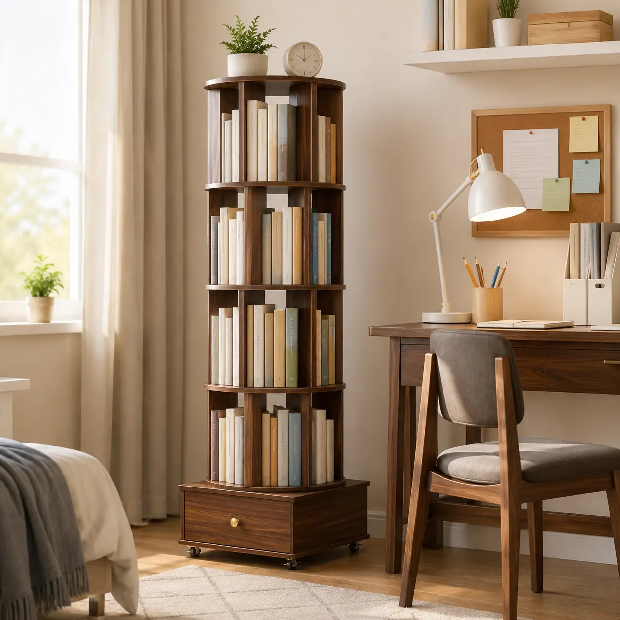 360° Rotating Bookshelf Tower with Storage Drawer and Lockable Wheels, 2–4 Tier Freestanding Wooden Spinning Bookcase, Space-Saving Vertical Book Storage Organizer for Bedroom, Living Room, Small Apartment, Home Office, Study and Reading Nook