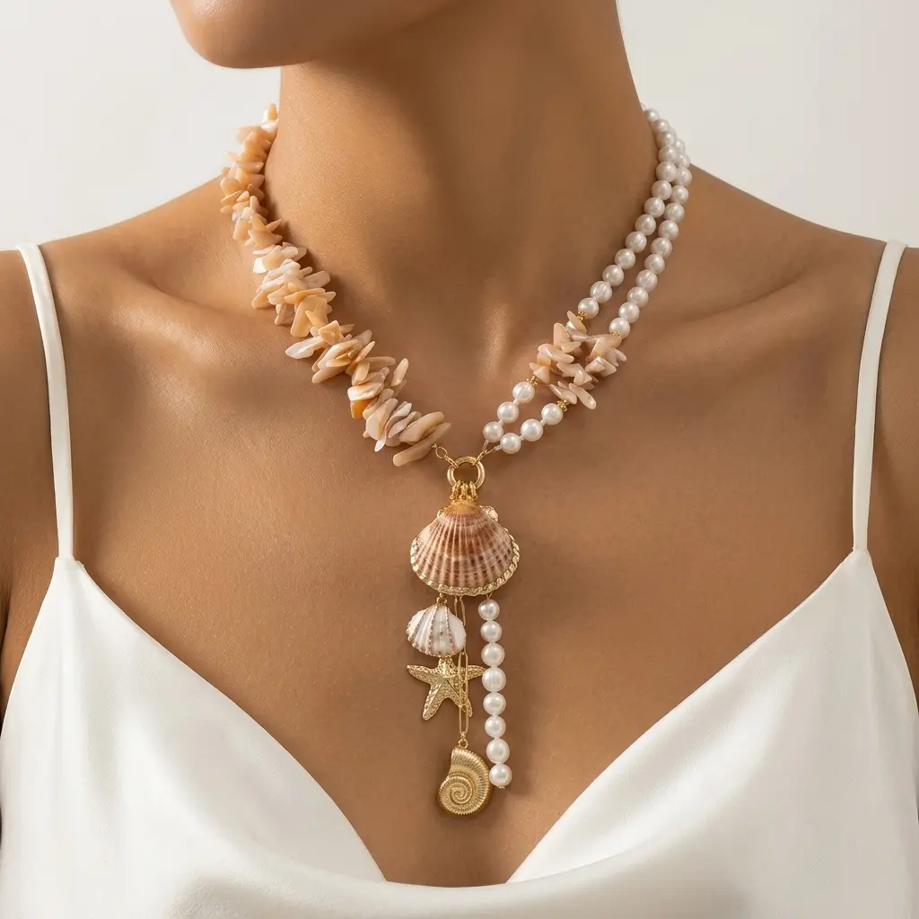 Two-Tone Shell Chip & Pearl Layered Necklace, Bohemian Ocean Shell Starfish Pendant Beach Statement Necklace For Women anniversary jewelry gift fashion costume