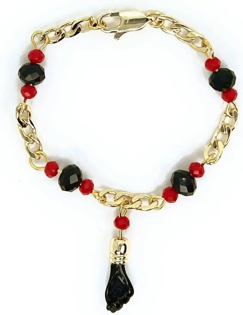 RC & J GENERAL 14KT GP BLACK HAND LUCKY CHARM EVIL EYE BRACELETE 5" - AZABACHE MAL DE OJOS BRAZALETE DE 5"