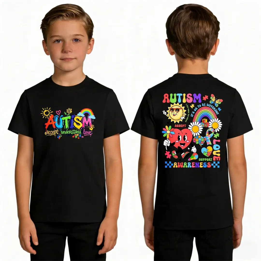 Autism Awareness Double-Sided Print T-Shirt, Accept Love Support Shirt for Adults and Teens, Retro Autism Design Unisex Tee, Autism Ribbon Shirt, Autism Month Apparel,Machine Washable Casual Top