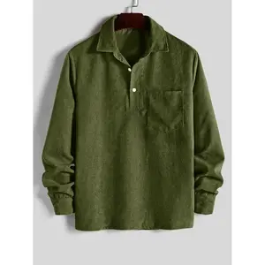 Men's Solid Corduroy Shirt with Chest Pocket & Half Button Placket Long Sleeve Regular Fit Casual Shirt for Fall Green