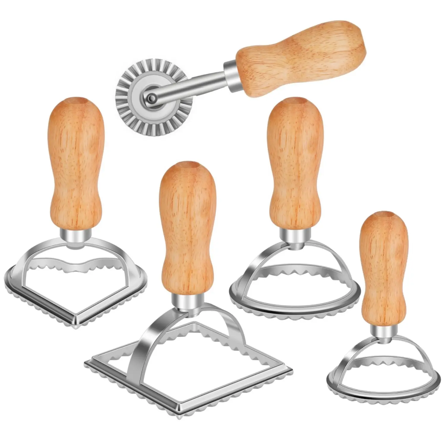 Sturdy Aluminium Ravioli Maker Set - Round, Square, Heart & Multiple Forms Pasta Tool with Stamp Cutter, Roller Wheel, Wooden Handle, Fluted Edge Press for Making Ravioli, Dumplings (Kitchen Bakeware Utensils)