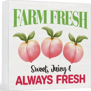Peach Decor Summer Fruit Wood Sign Summer Peach Decorations Farmhouse Home Kitchen Table Decor (5 x 5 Inches)
