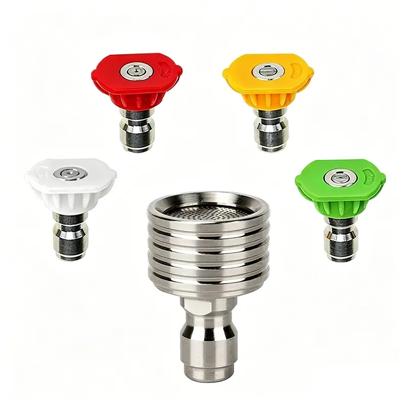 5-Pcs Set Stainless Steel High Pressure Washer Nozzle Set 1/4 Quick Connect Shower Spray 4 Color Angle Tips | Multi-Purpose for Car Wash Garden Watering Pet Bath Patio Furniture Cleaning Durable Rustproof High Pressure Nozzles