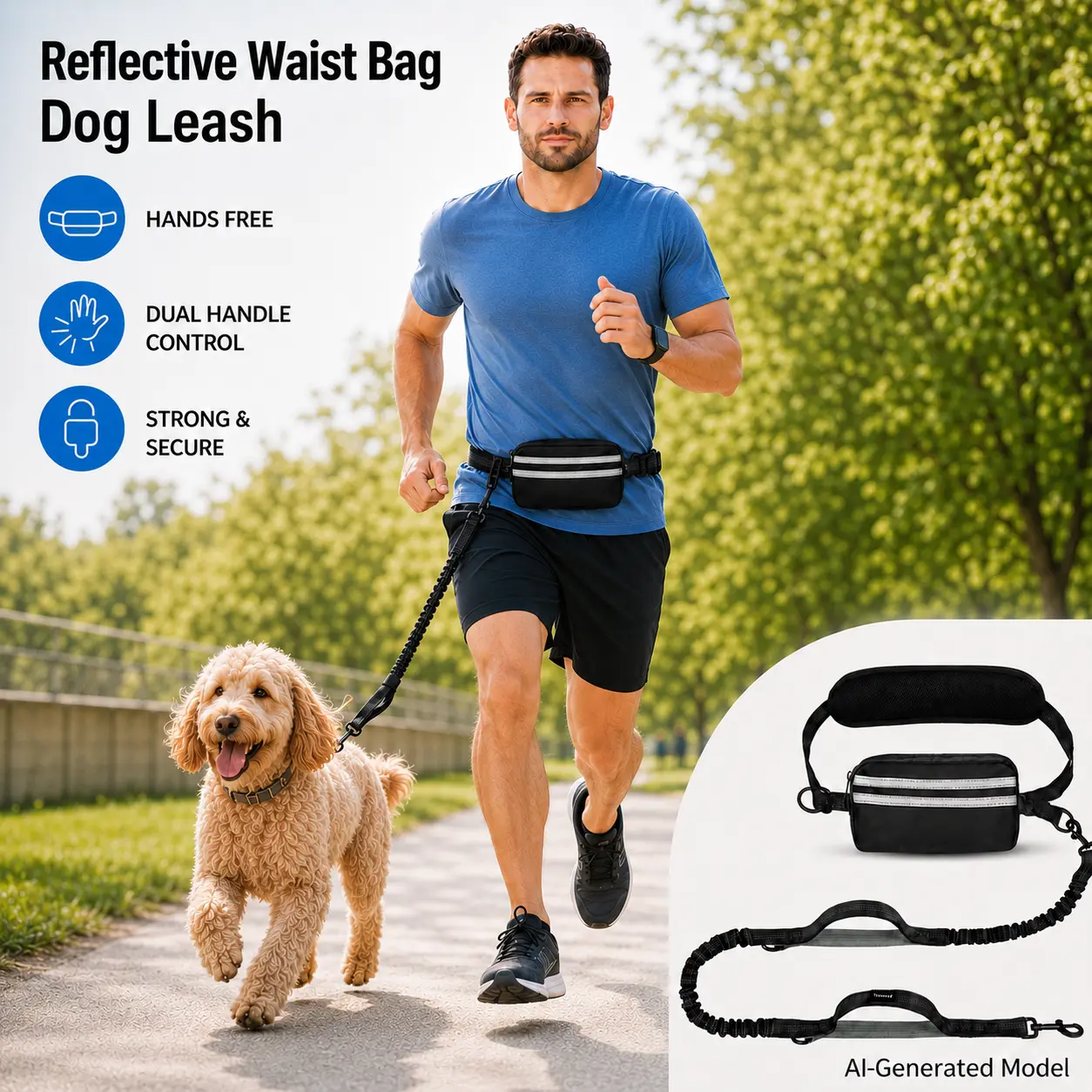 Hands-Free Dog Waist Belt Leash - Nylon Elastic-Strengthened Reflective Strips Bungee, Dual Handle Control, Anti-Tangle, Shock Absorb, Universal Fit, Ideal for Running, Hiking