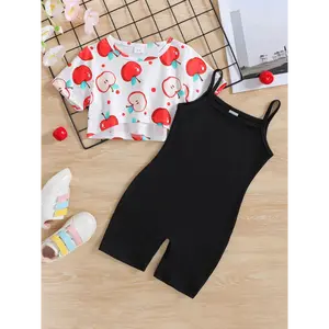 Summer Children's Strawberry Pattern T-Shirt + Black Suspender Shorts + Color Striped Sneakers Fashion Casual Suit Breathable and Refreshing Outdoor Play Essential, Perfect for Outdoor