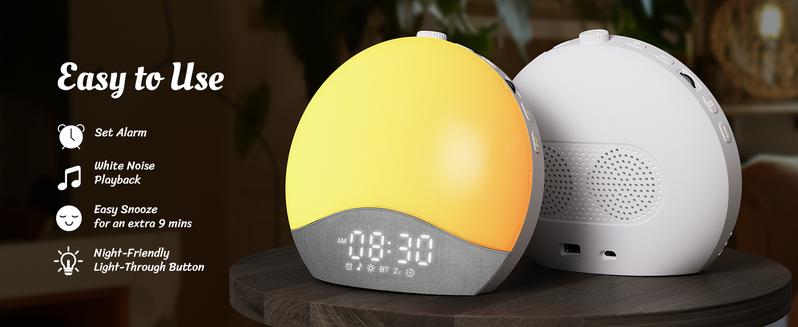 ecozy Sunrise Alarm Clock, White Noise Machine for Sleep, Upgraded Backlit Buttons, Bluetooth Speaker, Dimmable Night Light for Heavy Sleeper, Adults, Kids