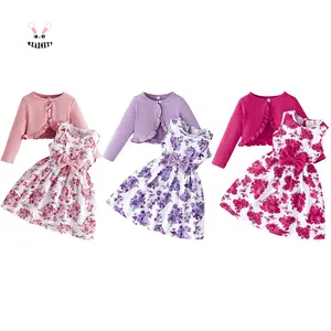 Kid Girl Fall Outfit Ruffle Trim Long Sleeve Cardigan Flower Print Sleeveless A-line Tank Dress with Bow 2 Piece Set