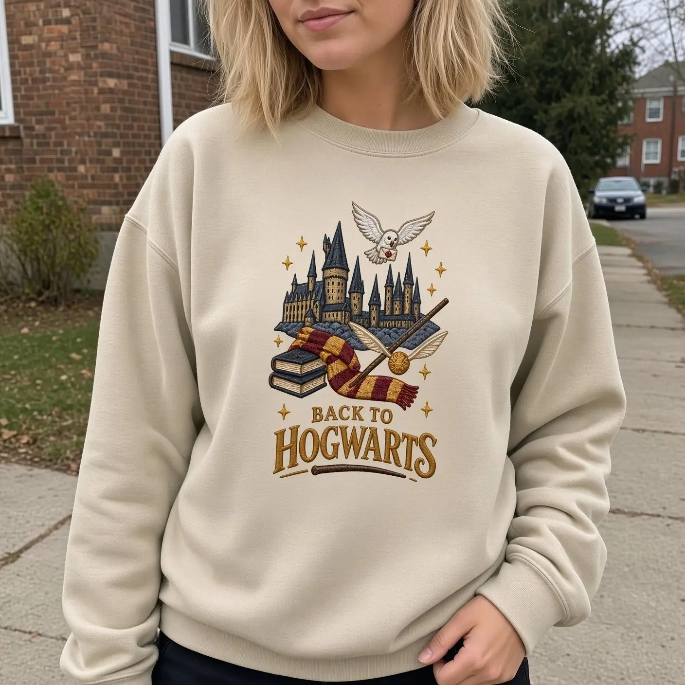 Back to Hogwarts Sweatshirt, Wizard School Embroidered Crewneck, Magical Castle Owl Books Scarf Sweater, Back to School Wizard Gift, Fantasy Book Lover Pullover, Cozy Fall Halloween Outfit for Women Men, Magical Academia Crewneck Gift Tee