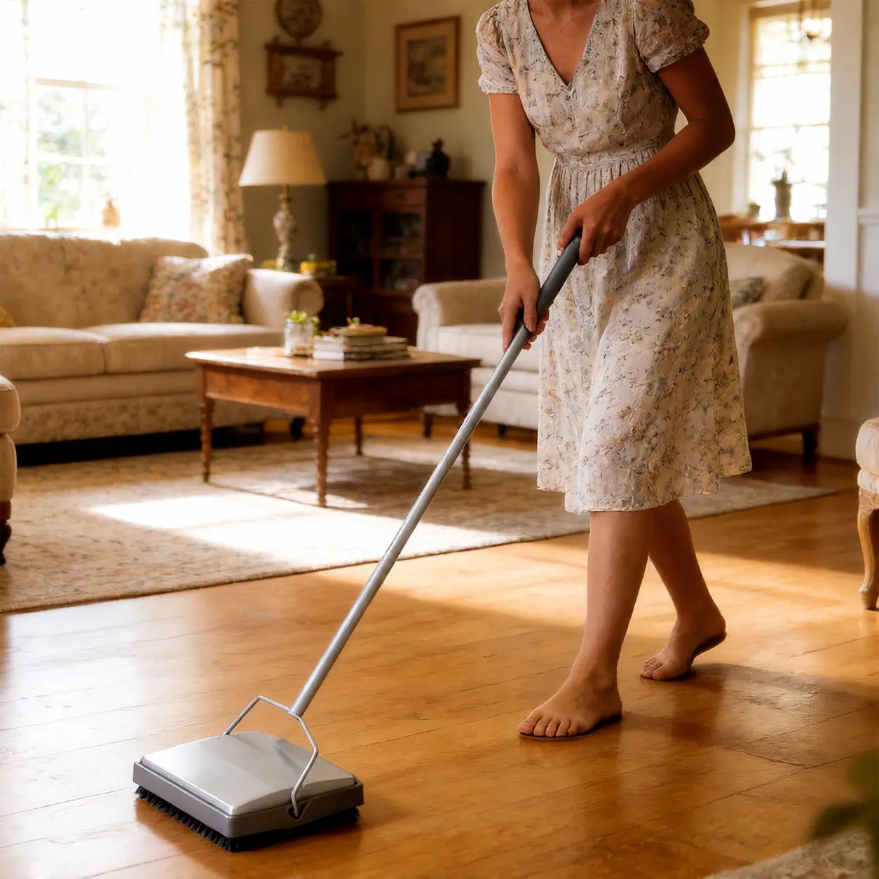 Manual Carpet & Floor Sweeper - Quiet Dual Brush Broom with Horsehair Bristles