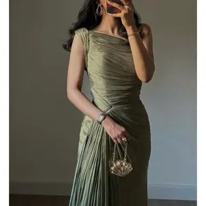 Autumn Winter Women's Olive Green Sleeveless Polyester Evening Dress with Streamers Tail Style Formal Wedding Guest Graduation Bridesmaid Prom Dress Fabric Womenswear