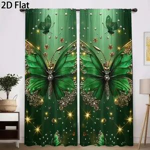 2D Flat 2Pcs Emerald Green Butterfly Print Curtains, Elegant Window Drapes with Glittering Gold Accents, Decorative Panels for Living Room, Bedroom, Dining, Home Decor Aesthetic Decoration Modern Style Translucent tube bag design