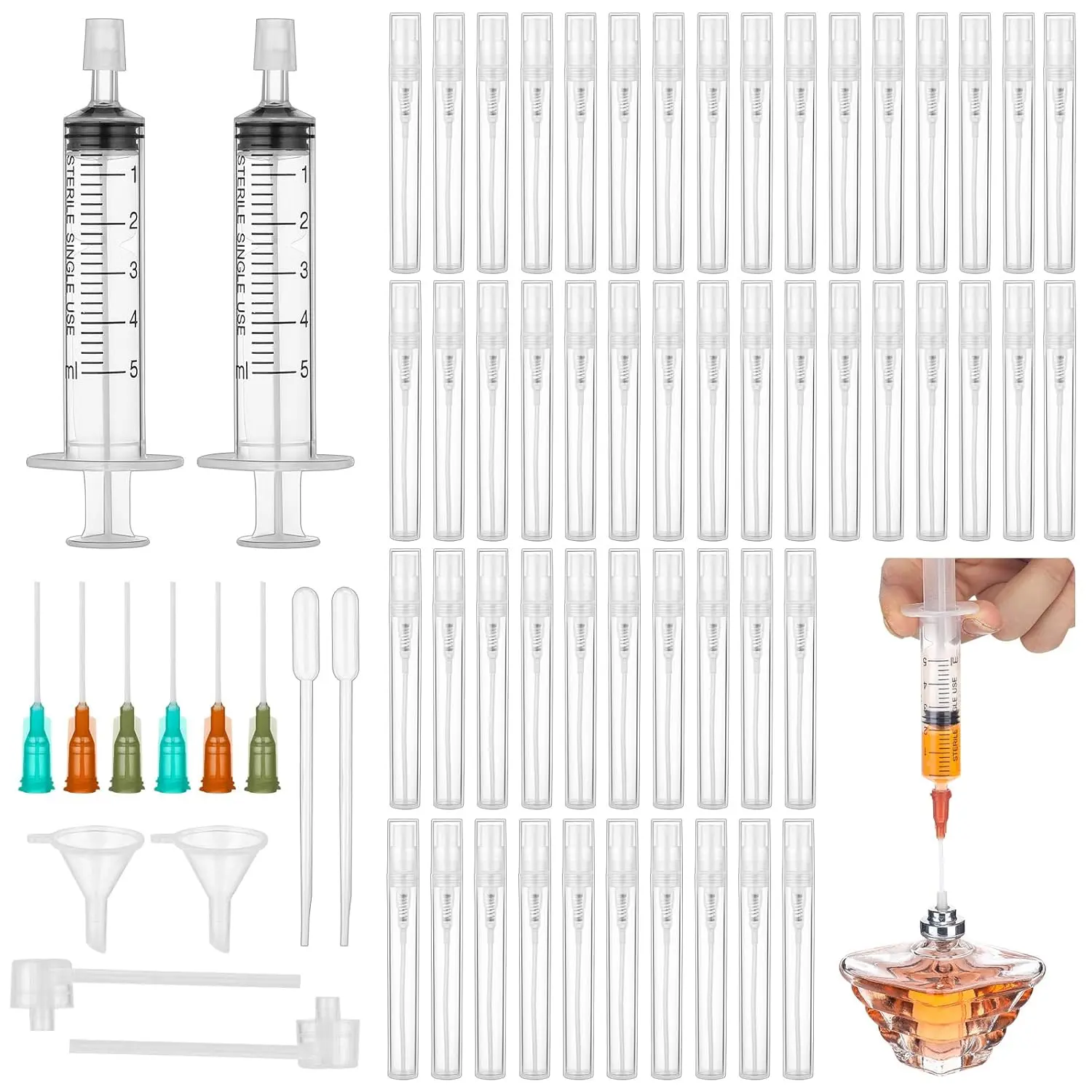 64 Pcs 5ml Perfume Refill Pump Tools Perfume Decanter Kit 50 Mini Refillable Spray Bottle 2 Syringe Extractor 2 Funnels 2 Droppers 6 Long Syringe 2 Dispenser Pumps for DIY Making Fragrances