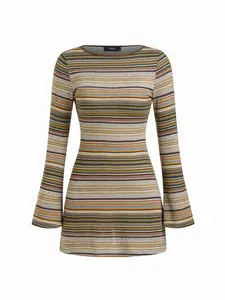 Cider Jersey Boat Neck Striped Bell Sleeve Flared Mini Dress