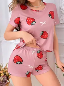 Women's Strawberry Print Bowknot Short Sleeve T-Shirt & Sleepwear Set, Casual Summer, Comfortable Nightwear