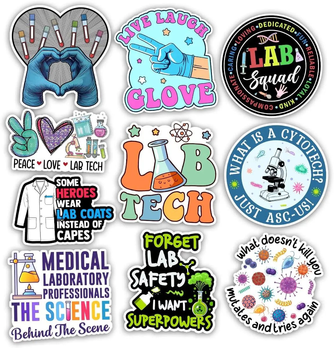 Lab Tech Sticker Pack, Science Chemistry Biology Medical Laboratory Professionals Sticker, Scientist Lab Week Gift, Decoration for Laptop Planner Tablet Helmet Vehicles