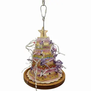 Birthday Cake Foraging Shredder Toy - Pop-Up DIY Celebration Center with Bamboo Tray & Kabob Skewer Cage Feeder for Parrots and Small Pets, Includes 30g Shredder Paper (Dia.5” x Height 9.5”)